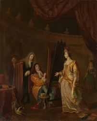Een kunstenaar in zijn atelier, schildert het portret van een dame