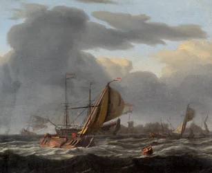 Een Oorlogsschip voor Anker in een Woeste Zee