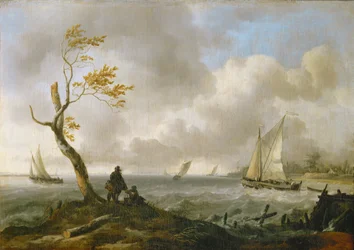 Vissersboten en kustvaarders in zwaar weer ...