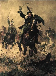 Kolonel Rodakowski rijdt voorop met zijn regiment tijdens de slag om Custoza ...