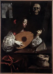 Luitspeler. Schilderij (Vanitas) door Luigi Miradori (17e eeuw)