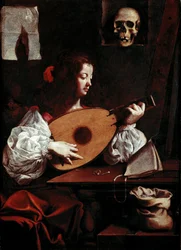 De luitspeler. Bij de partituur liggen twee ringen, een speld en een schedel (vanitas) op een standaard. Schilderij door Luigi Miradori, bekend als Il Genovesino (1600/10-1655/57) 17e eeuw. Galleria di Palazzo Rosso, Genua, Italië