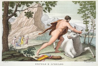 Hercules en Achelous, Boek IX, illustratie uit Ovidius