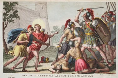 Paris doodt Achilles of Paris, geleid door Apollo, verwondt Achilles, boek XIII, illustratie uit Ovidius