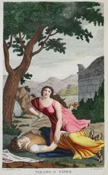 Pyramus en Thisbe of Piramo e Tisbe, boek IV, illustratie uit Ovidius
