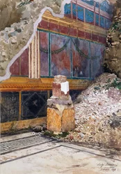 Huis van de Zilveren Bruiloft, beschadigd fresco van guirlandes, zoals gezien tijdens opgraving, Pompeii, 1897