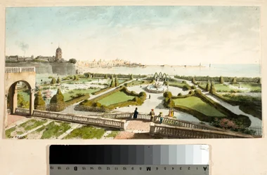 Het park van de villa van Prins Doria en Genua op de achtergrond