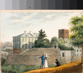 Uitzicht op bastions en de klokkentoren van Santo Stefano, Genua