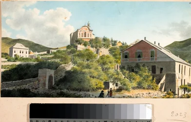 Zicht op de heuvel en kerk van Oregina, Genua