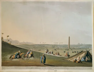 Egypte, Nomaden en de obelisk bij Materieh (Oud Heliopolis, of de Stad van de Zon) door Luigi Mayer, gravure