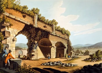 Turkije, Efeze, Europese bezoekers bij de Tempel van Diana, door Luigi Mayer, gravure