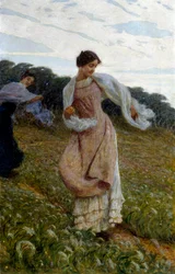 "Windje. Twee vrouwen in een veld spelen en genieten van hun warmte, die door de wind waait. Schilderij van Luigi Rossi (1853-1923), circa 1910-1912. Olieverf op doek. Privécollectie.