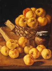 Appels in een Mand, een Pot en Kruidenbakjes op een Tafel