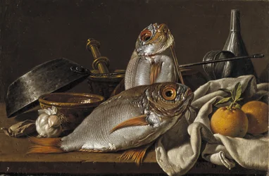 Stilleven met brasem, sinaasappels, knoflook en keukengerei, 1772
