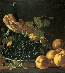 Stilleven met brood, appels, druiven en een fles