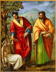 De heiligen Cosmas en Damianus, artsen, genezen een zieke ...
