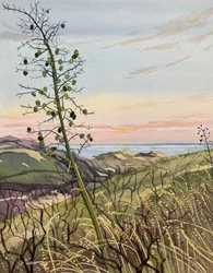 Kustlandschap bij zonsondergang