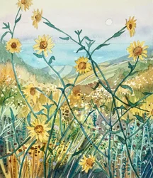 Zonnige wilde bloemen met uitzicht op zee