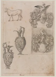 Ontwerp voor twee vazen, twee wapenschilden en een stier (recto)