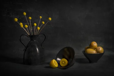 Sfeervolle gouden kiwi en bloemen