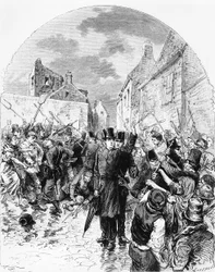 Oproer in Ierland - Een katholieke priester gearresteerd door de politie in Mullingar wordt gered door het volk, uit Le Monde Illustré, 25 juni 1881