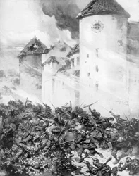 Fransen en Duitsers vechten onder de muren van Chateau de Mondement, Frankrijk, 1914