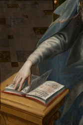 Aanbidding der Wijzen, drieluik, rechterpaneel achterkant, detail