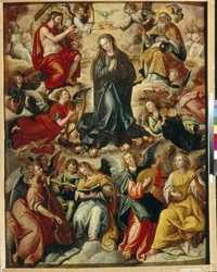 De kroning van de Maagd. De Tenhemelopneming van de Maagd, omringd door musicerende en zingende engelen, wordt door engelen gekroond en door de Heilige Geest bekroond; biddend wordt zij ontvangen door Christus, die zijn Kruis draagt. Voorstelling.