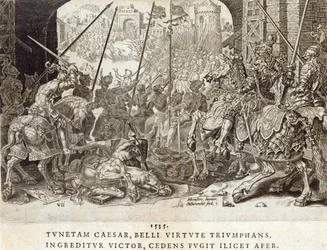De verovering van Tunis in 1535, plaat 7 uit ‘De militaire prestaties van keizer Karel V’, gegraveerd door Dirk Volkertsz Coornhert (1522-90), 1555