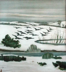Kraaien die over een winterlandschap vliegen