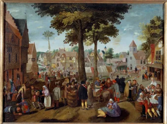 Vlaamse kermis. Een feest in een dorp, dronken mannen zijn ziek, anderen spelen, sommigen slapen. Schilderij van Martin van Cleve (1527-1581), 16e eeuw, Caen, Museum voor Schone Kunsten