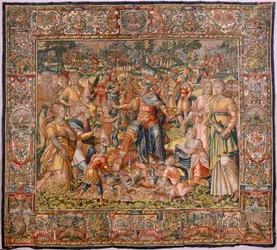 Diocesaan museum. Vlaamse wandtapijt. Brussel. Atelier François Geubels. Serie Verhaal van Gideon. De Israëlieten geven hun deel van de buit aan Gideon. Zijde en wol. Legaat van Bisschop.