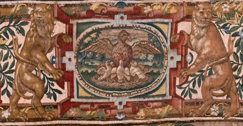 Diocesaan Museum. Vlaams wandtapijt. Brussel. Atelier François Geubels. Serie Verhaal van Gideon. De Israëlieten overhandigen Gideon hun deel van de buit. Zijde en wol. Legaat van de bisschop.