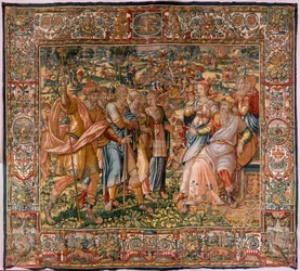 Diocesaan museum (Museo Diocesano). Vlaams wandtapijt. Brussel. Atelier François Geubels. Serie Verhaal van Gideon. Joash wordt geïnformeerd dat Gideon het altaar van Baäl heeft vernietigd. Zijde en wol.