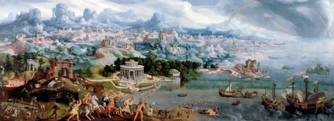 Panoramische fantasie met de ontvoering van Helena, 1535