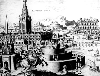 De muren van Babylon, plaat 7 uit De Acht Wereldwonderen, gravure Philips Galle