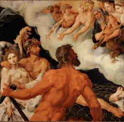 Vulcanus ving Venus en Mars in een net en toont ze aan de lachende goden (schilderij op eikenhout)