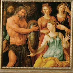 Vulcanus overhandigt Thetis het schild voor Achilles (schilderij op eikenhout)