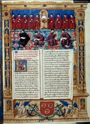 De Raad van Tien De Doge is in het midden. Pagina uit een beschrijving of behandelt de regering en het regime van de stad en heerlijkheid Venetië gerealiseerd door admiraal Louis Malet de Graville, verlucht door de Meester van Philip de Geldre