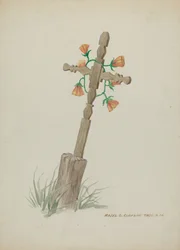 Houten kruis gebruikt als grafsteen, ca. 1937