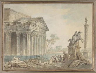 Architectonische capriccio met Romeinse monumenten en wasvrouwen, n.d.