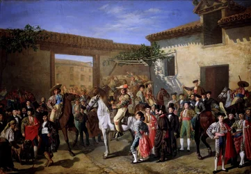 Paarden binnenplaats op het oude stierenvechtplein van Madrid