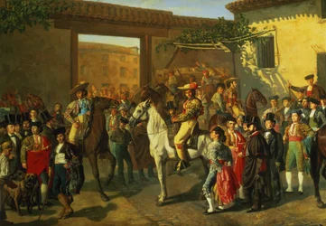 Paarden in een binnenplaats bij de stierenvechtring voor de stierengevecht, Madrid, 1853 (detail)