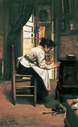 "Een vrouw voor het fornuis", schilderij door Manuel Cusi