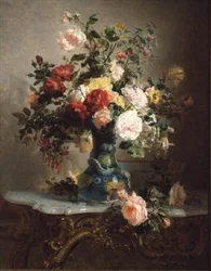 Vaas met rozen en andere bloemen
