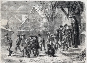 Uit school in de winter. Gravure naar een schilderij van M. B. Vautier in 