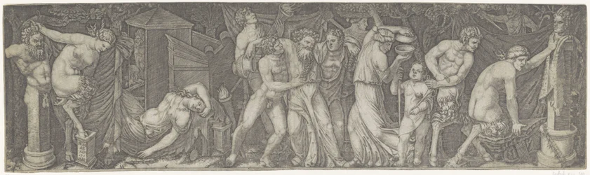 Bacchanaal met dronken Bacchus en saters en maeneaden