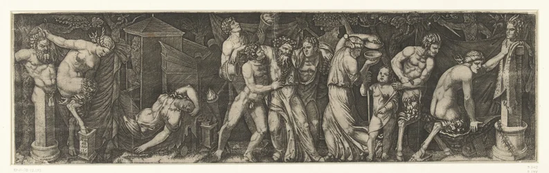 Bacchanaal met een dronken Bacchus, en saters en maenaden