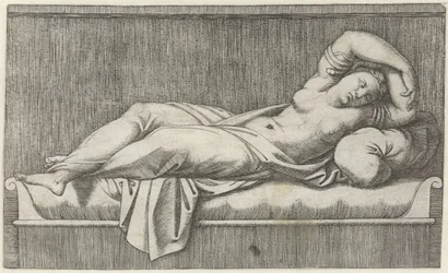 Cleopatra halfnaakt liggend op bed