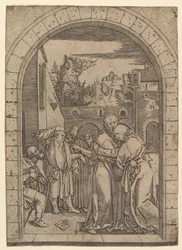 Joachim omhelst Sint-Anna onder de gouden poort in Jeruzalem, naar Dürer, ca. 1500-1534
